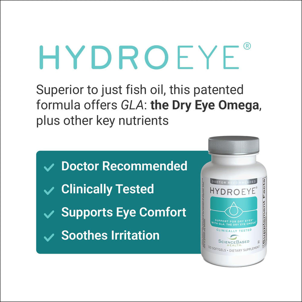 ScienceBased Health HydroEye GL A oil source highlighted on label for unique dry eye support