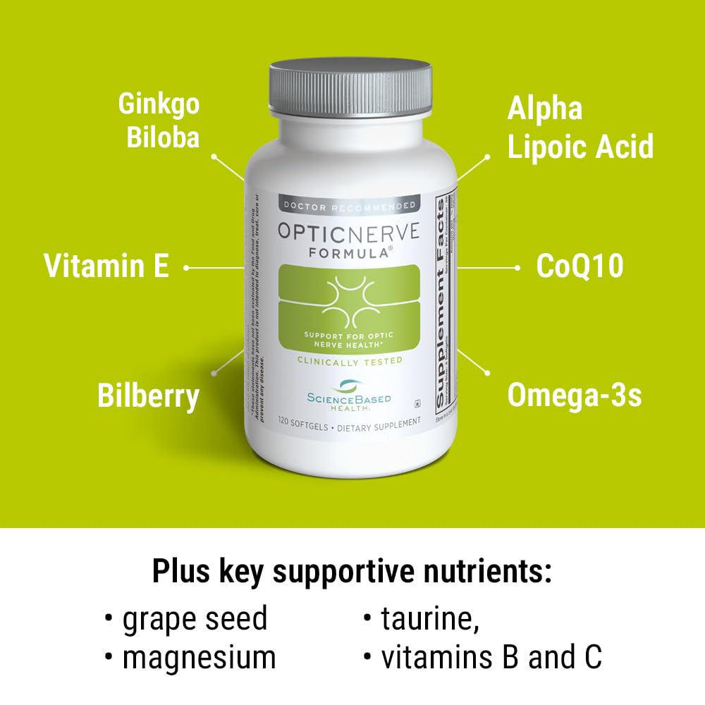 ScienceBased Health Optic Nerve Formula softgels close-up emphasizes premium US manufacturing.