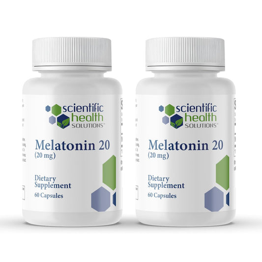 Scientific Health Solutions Melatonin 20mg bottle two-pack, ready for a consistent bedtime routine.