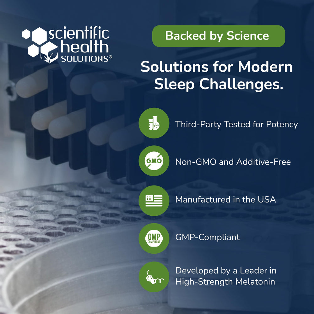 Scientific Health Solutions melatonin bottle on nightstand for faster evening wind-down.