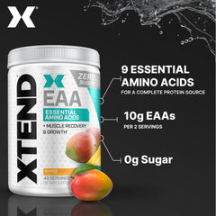Scivation Xtend EAA Mango label close-up emphasizes 10g EAAs per serving.