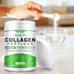 SCOLA collagen peptides powder stirred into coffee for a smooth boost