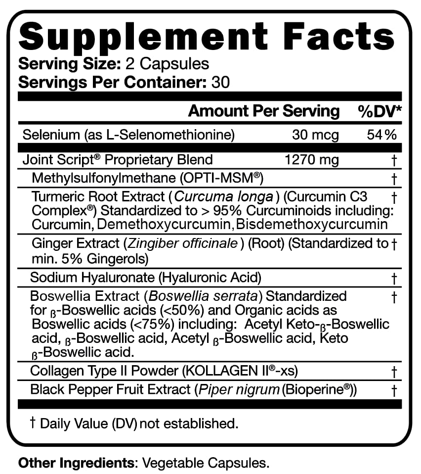Script Essentials Joint Script hyaluronic acid focus suggests lubrication support for joints