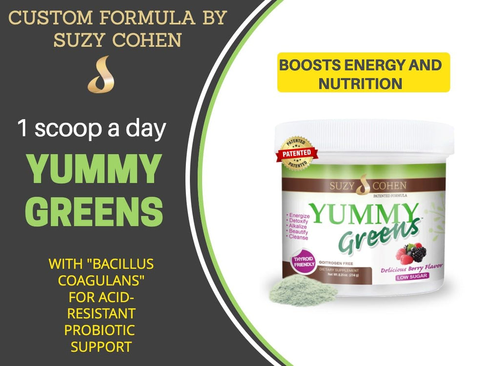 Script Essentials Yummy Greens acai powder shot hints antioxidant-rich flavor.