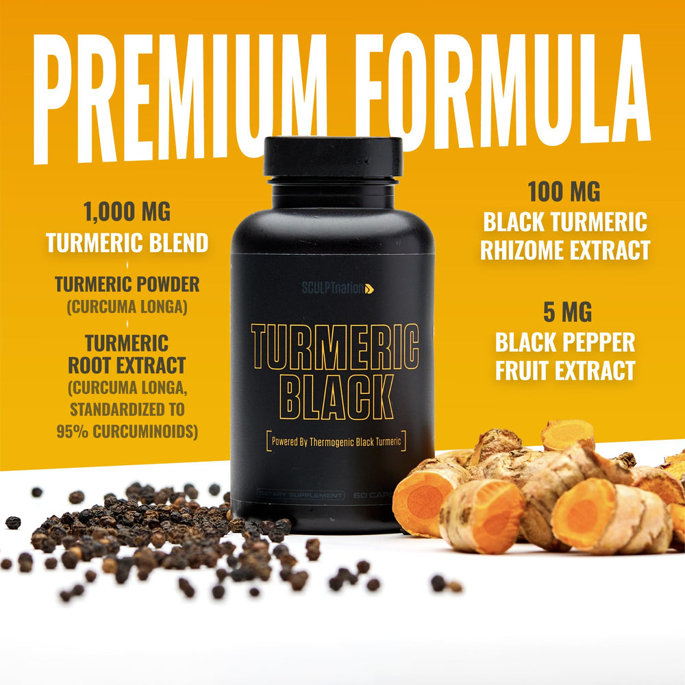 Sculpt Nation turmeric bottle label highlighting BioPerine and Sirtmax for enhanced absorption
