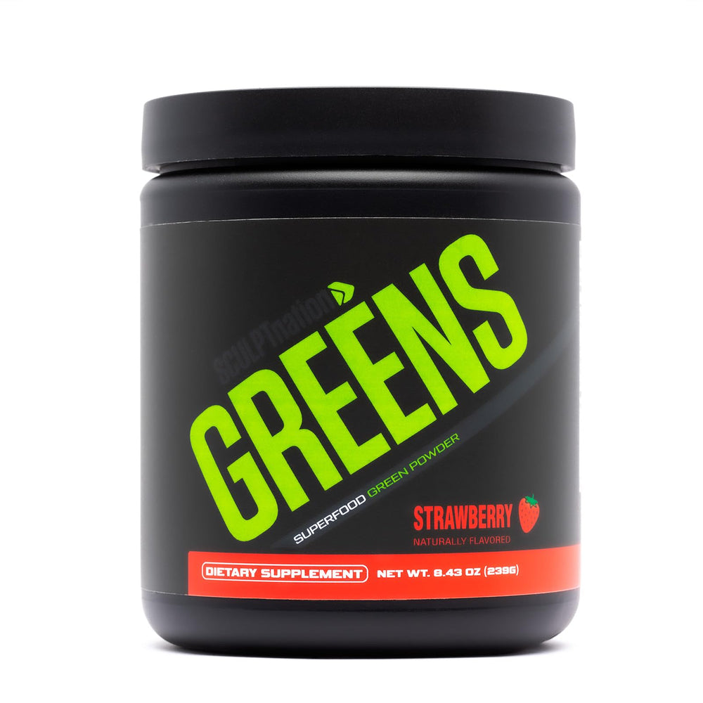 Sculpt Nation Greens Strawberry tub showing premium greens blend for daily energy and digestion support.