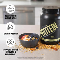 Sculpt Nation Vanilla protein scoop dispensing to illustrate quick mix and convenience