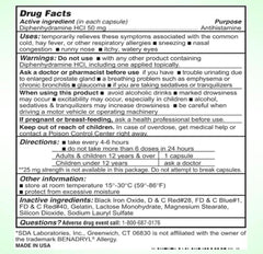 SDA Laboratories Diphenhydramine 50mg capsules closeup highlighting portable relief