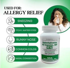 SDA Laboratories Diphenhydramine 50mg packaging montage for household use