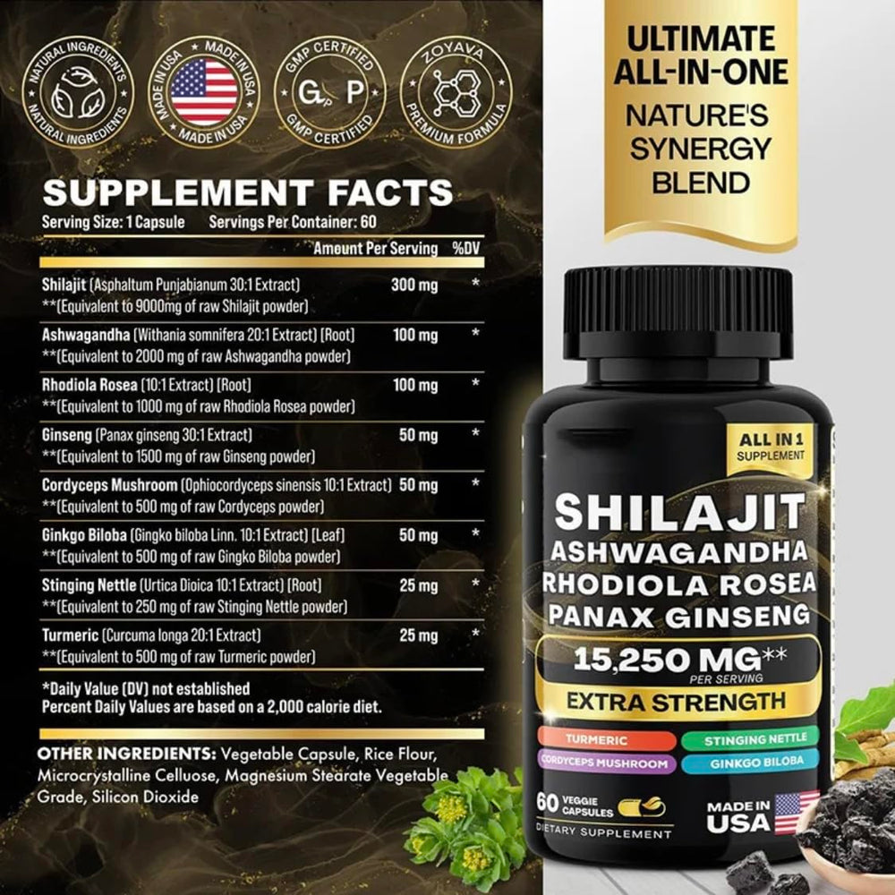 Shilajit 8-in-1 bottle close-up from the Sea Moss and Shilajit Bundle