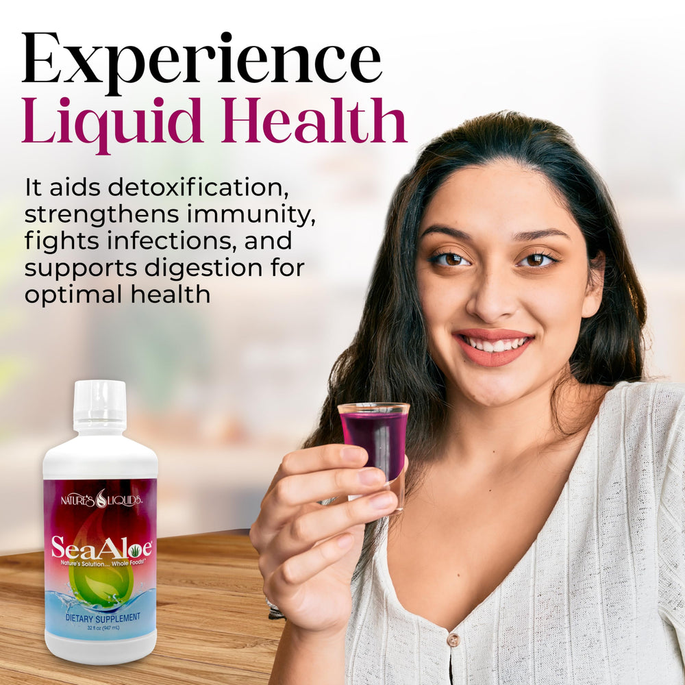 SeaAloe Nature's Liquids bottle pour into glass for a refreshing daily ritual