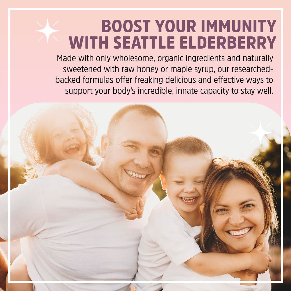 Family enjoying Seattle Elderberry Syrup, kid-friendly flavor in a cozy kitchen.