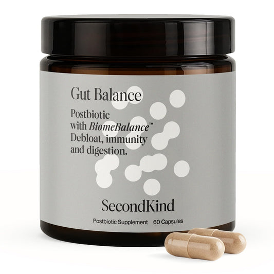 SecondKind postbiotics gut balance bottle shown for daily digestive support