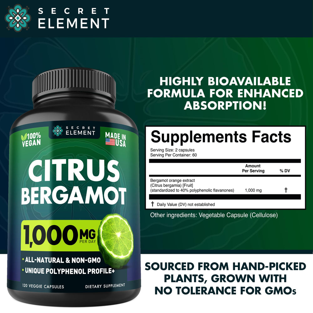 Secret Element bergamot label details showcase polyphenol-rich formula