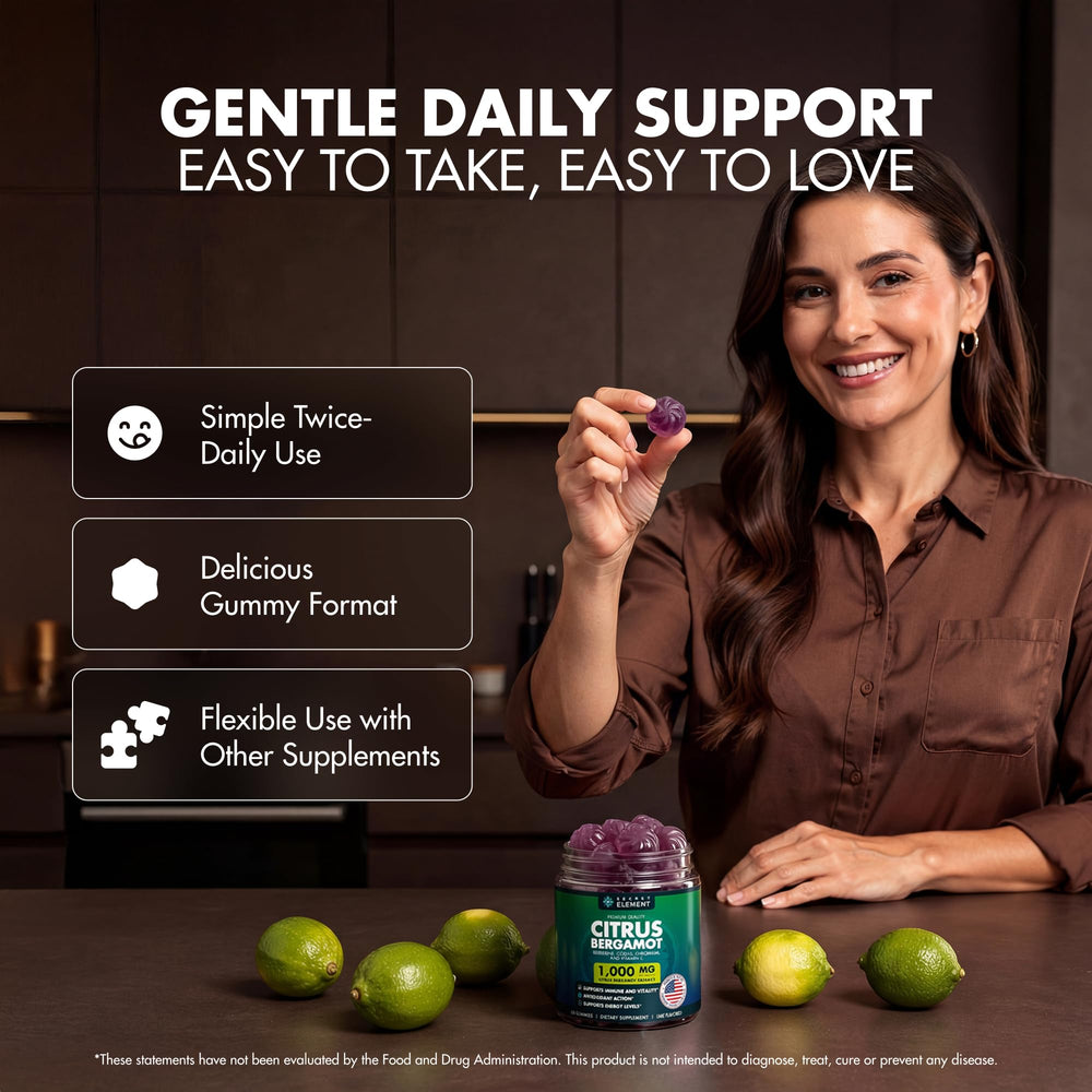 Secret Element Citrus Bergamot Gummies jar label shows vegan and gluten-free info.