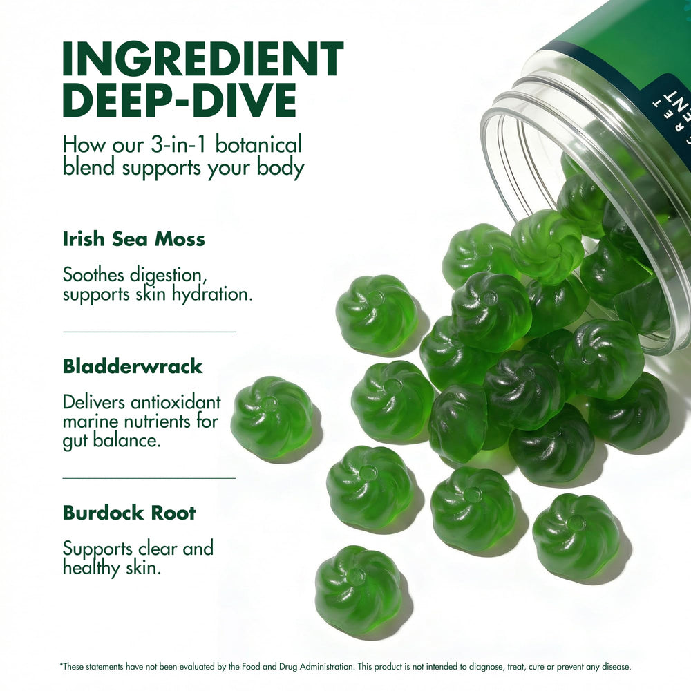 Secret Element Sea Moss Gummies apple flavor closeup highlights tasty, sugar-free option.