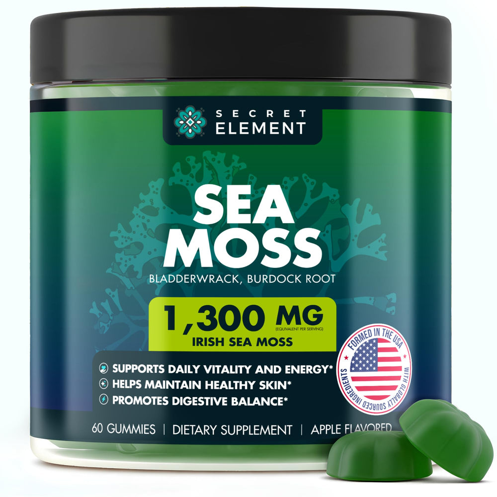 Secret Element Sea Moss Gummies front bottle showcases convenient daily consumption.