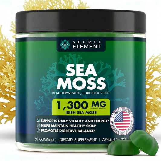 Secret Element Sea Moss Gummies front bottle showcases convenient daily consumption.
