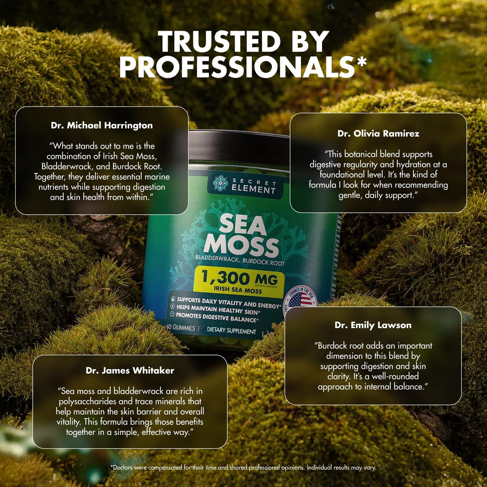 Secret Element Sea Moss Gummies packaging box highlights product branding and storage.