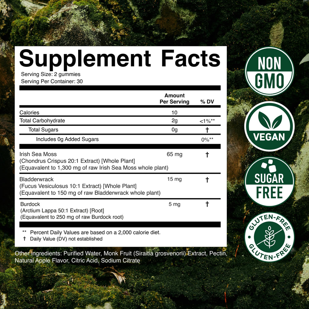 Secret Element Sea Moss Gummies vegan non-GMO badge signals clean ingredients.