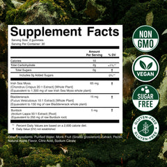 Secret Element Sea Moss Gummies vegan non-GMO badge signals clean ingredients.