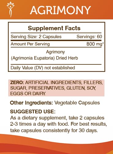 Secrets of the Tribe agrimony label highlights purity and ingredients.