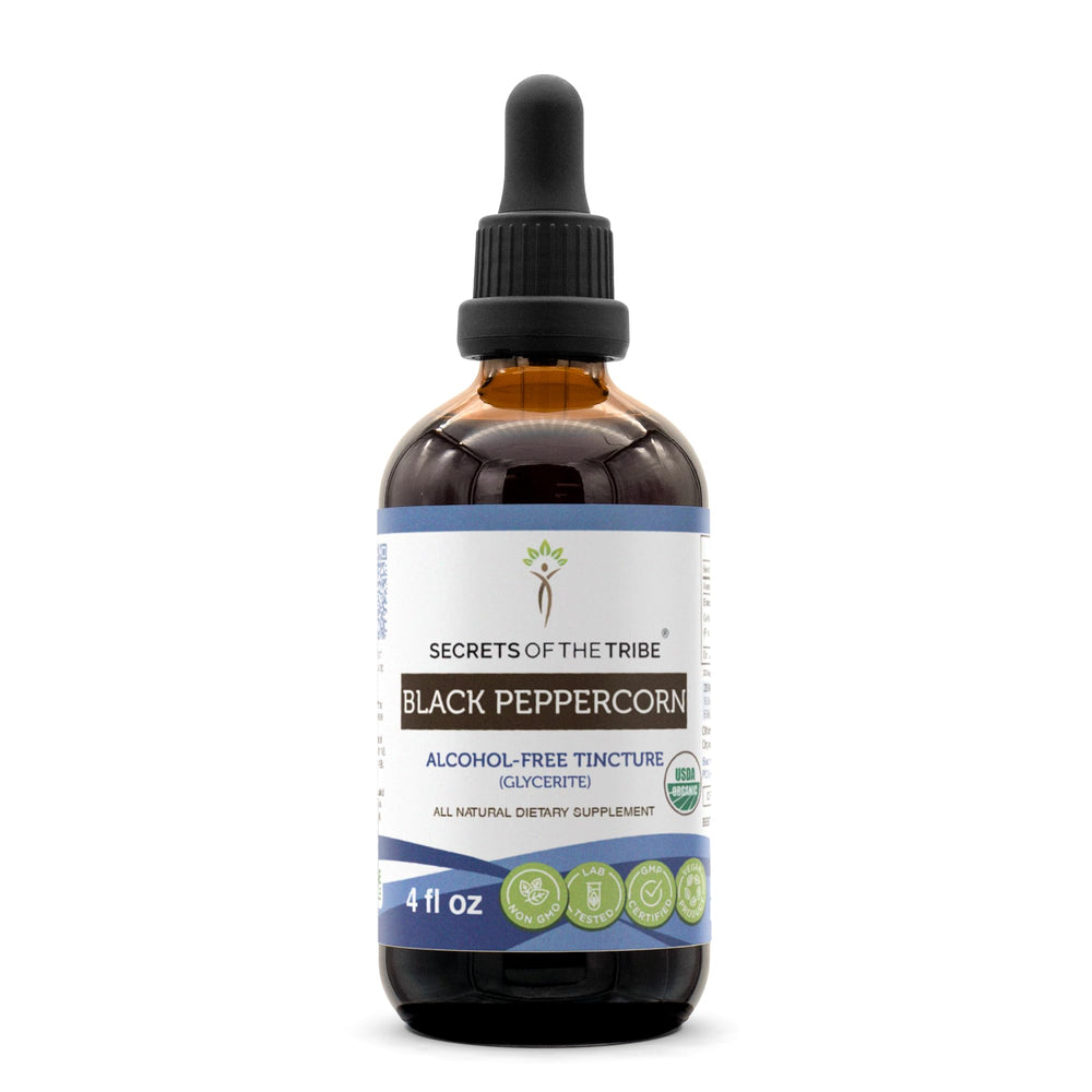 Secrets of the Tribe black peppercorn tincture front bottle shows alcohol-free flavor option
