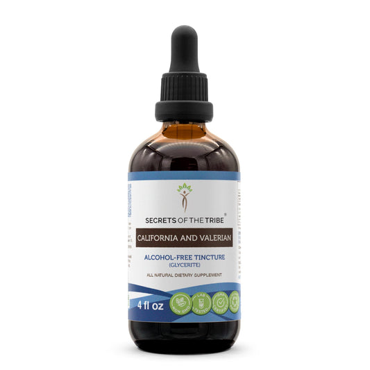 Secrets of the Tribe tincture bottle ready for daily use with the California valerian blend