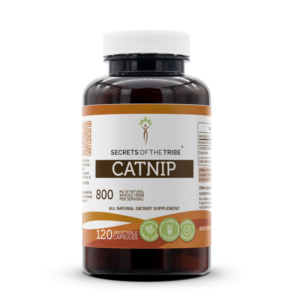 Secrets of the Tribe Catnip Capsules bottle front highlighting 800 mg per serving for easy herbal intake.