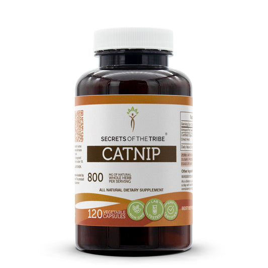 Secrets of the Tribe Catnip Capsules bottle front highlighting 800 mg per serving for easy herbal intake.