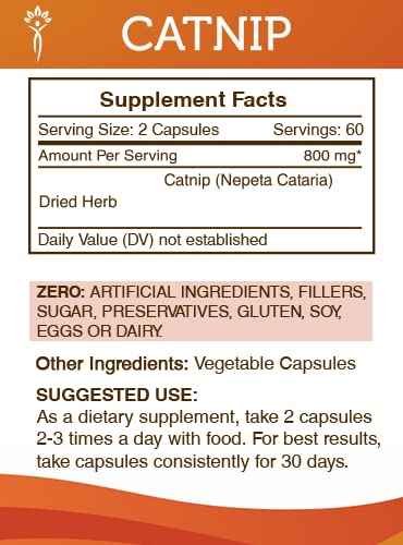 Secrets of the Tribe Catnip Capsules capsules inside bottle indicate high potency extraction method.