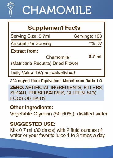 Secrets of the Tribe chamomile tincture label highlighting purity and US-made quality.