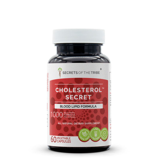 Secrets of the Tribe Cholesterol Secret bottle highlighting premium herbal blend for daily wellness