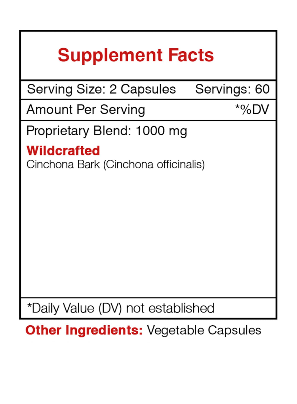 Secrets of the Tribe Cinchona bark formula label highlights natural ingredients.