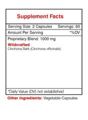 Secrets of the Tribe Cinchona bark formula label highlights natural ingredients.