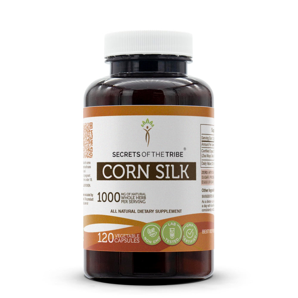 Secrets of the Tribe Corn Silk capsules bottle front showing pure 1000 mg formula.