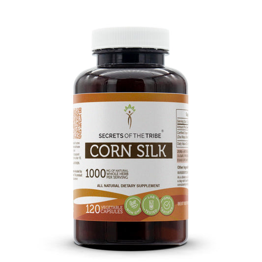 Secrets of the Tribe Corn Silk capsules bottle front showing pure 1000 mg formula.