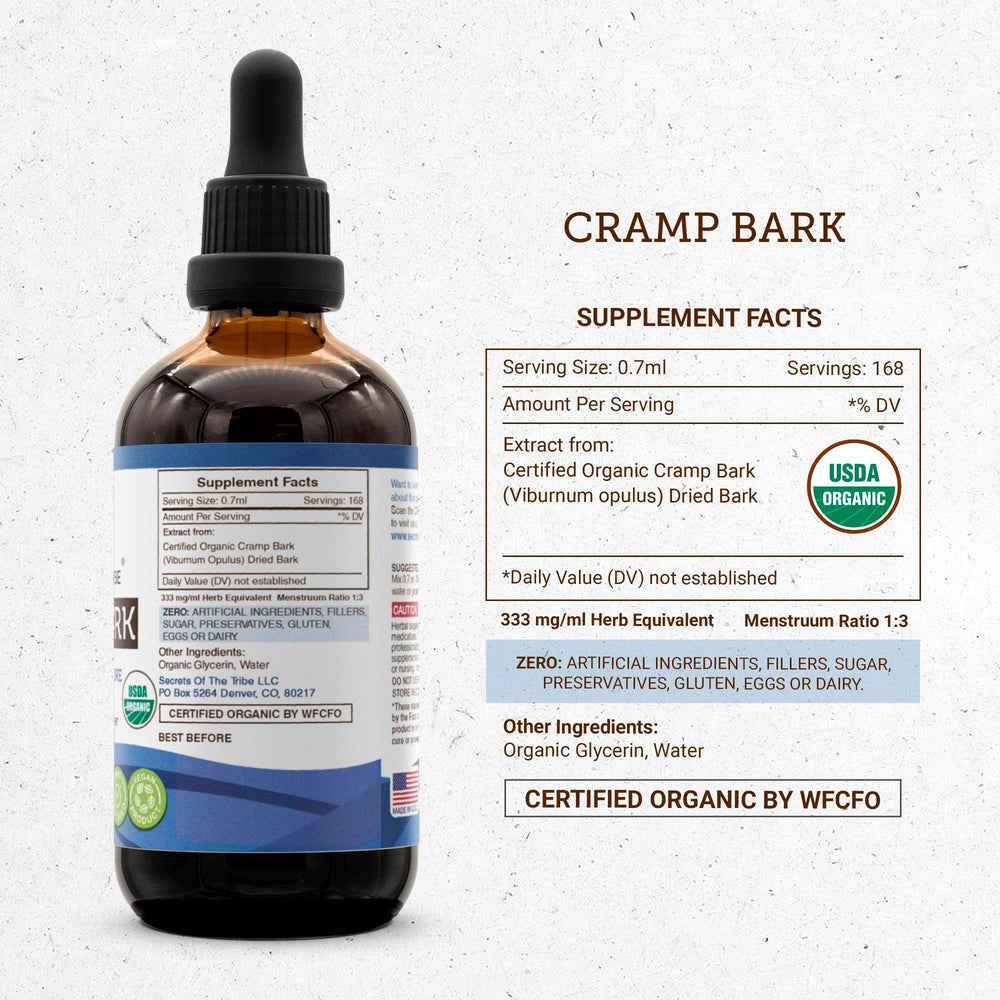Secrets of the Tribe Cramp Bark Drops dosing scene with precise dropper.