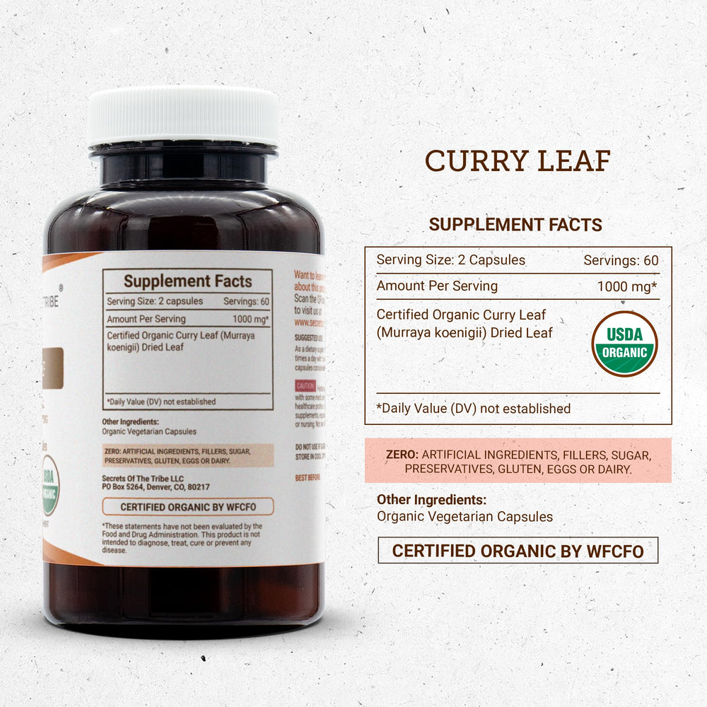 USDA Organic label on Secrets of the Tribe curry leaf capsules.