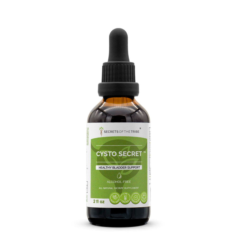 Secrets of the Tribe Cysto Secret bottle front displaying herbal tincture for bladder support