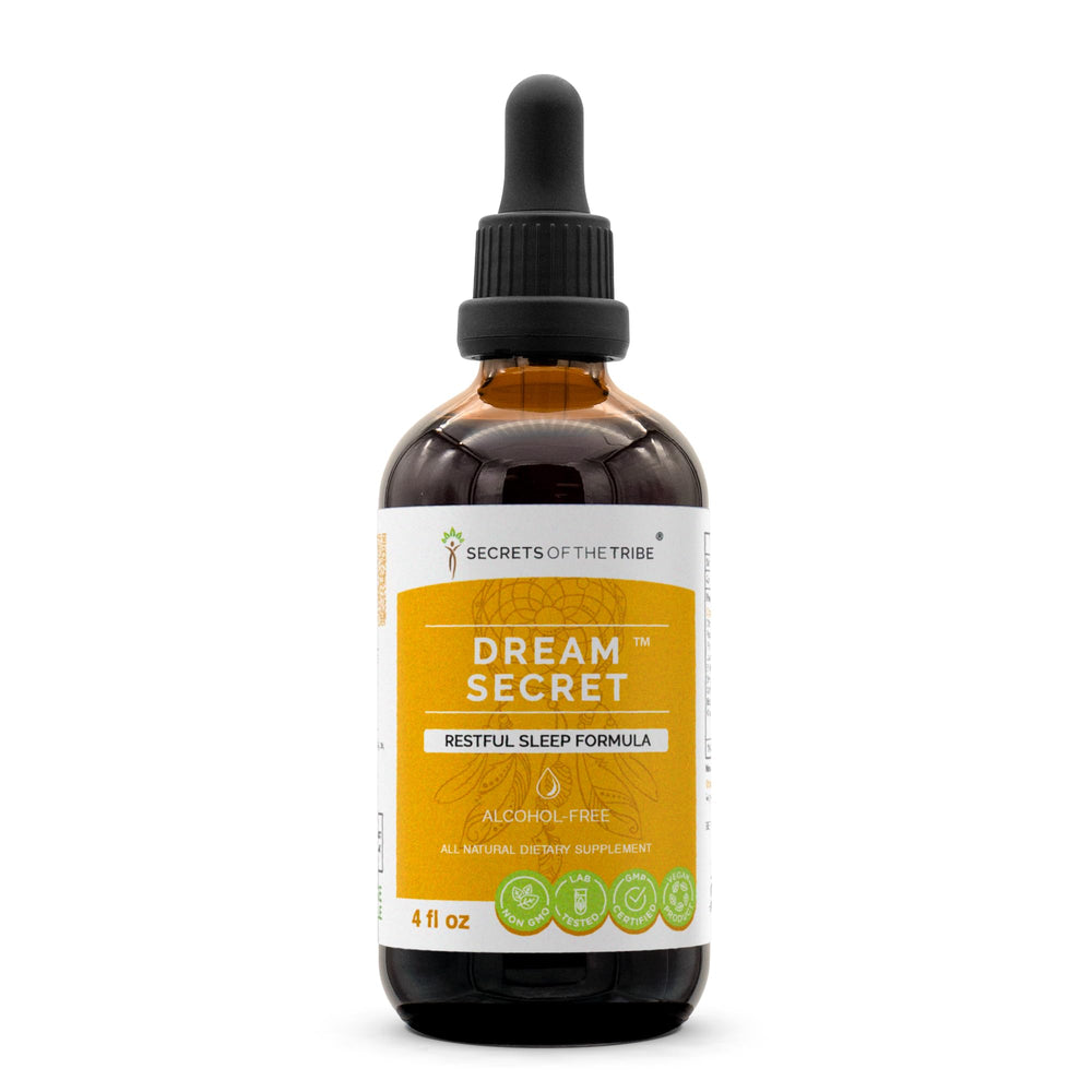 Secrets of the Tribe Dream Secret bottle close-up showing tincture texture for restful use
