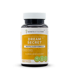 Secrets of the Tribe Dream Secret bottle front showing calming herbal capsules for evening relaxation