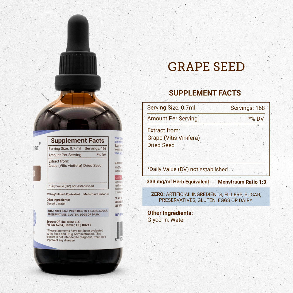 Dried grape seeds with Secrets of the Tribe branding, highlighting natural polyphenols.
