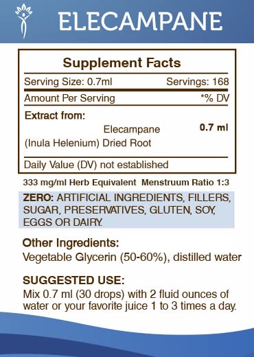 Secrets of the Tribe Elecampane tincture drops for convenient, alcohol-free use.