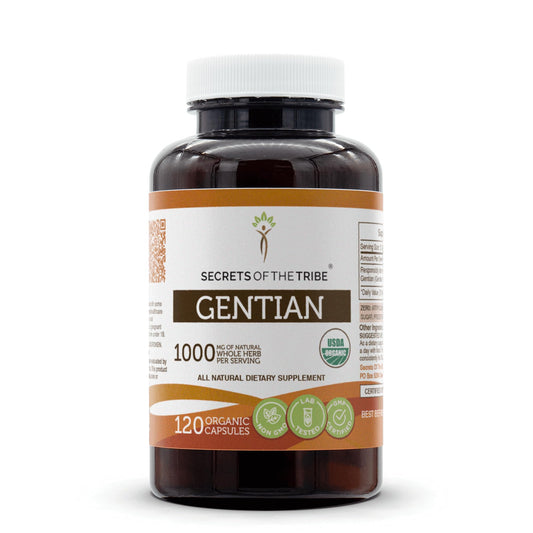 Secrets of the Tribe Gentian capsules bottle on shelf for daily wellness support
