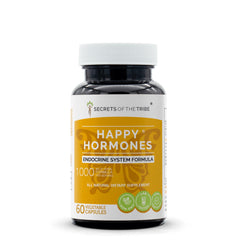Secrets of the Tribe bottle close-up for Happy Hormones supplement, supporting daily wellness.