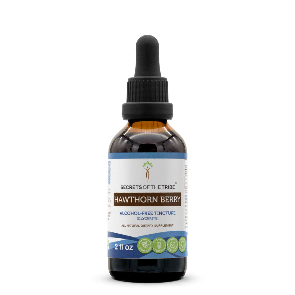 Secrets of the Tribe Hawthorn Berry Tincture bottle front view—alcohol-free extract for daily use
