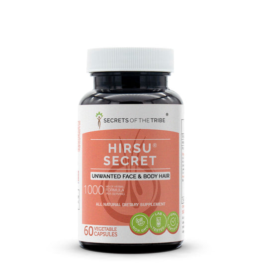 Secrets of the Tribe Hirsu Secret bottle label, premium herbal blend for daily wellness.