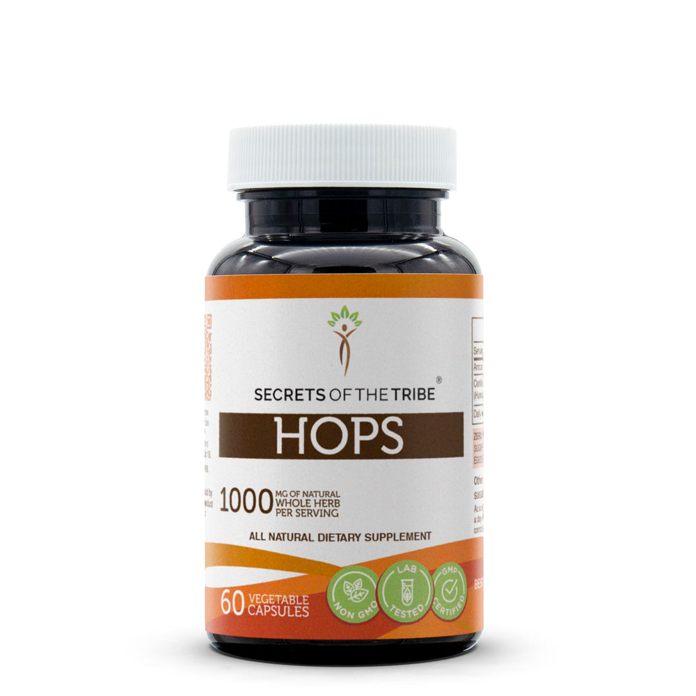 Secrets of the Tribe Hops bottle with label highlights a high-potency natural capsule.