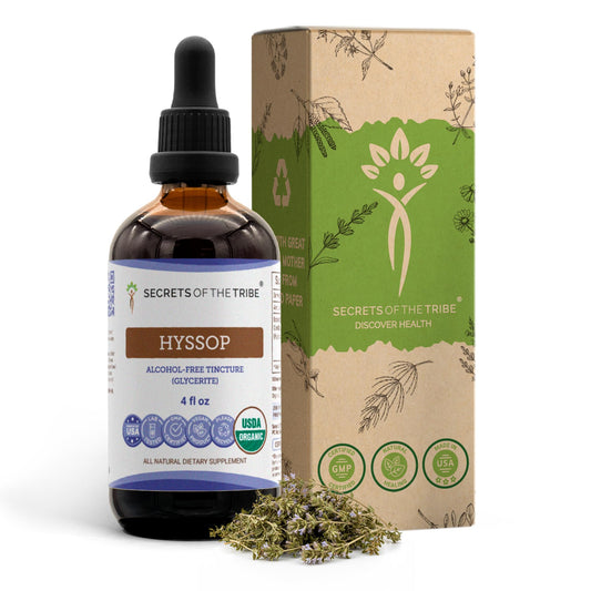 Secrets of the Tribe Hyssop bottle shows USDA Organic certification.
